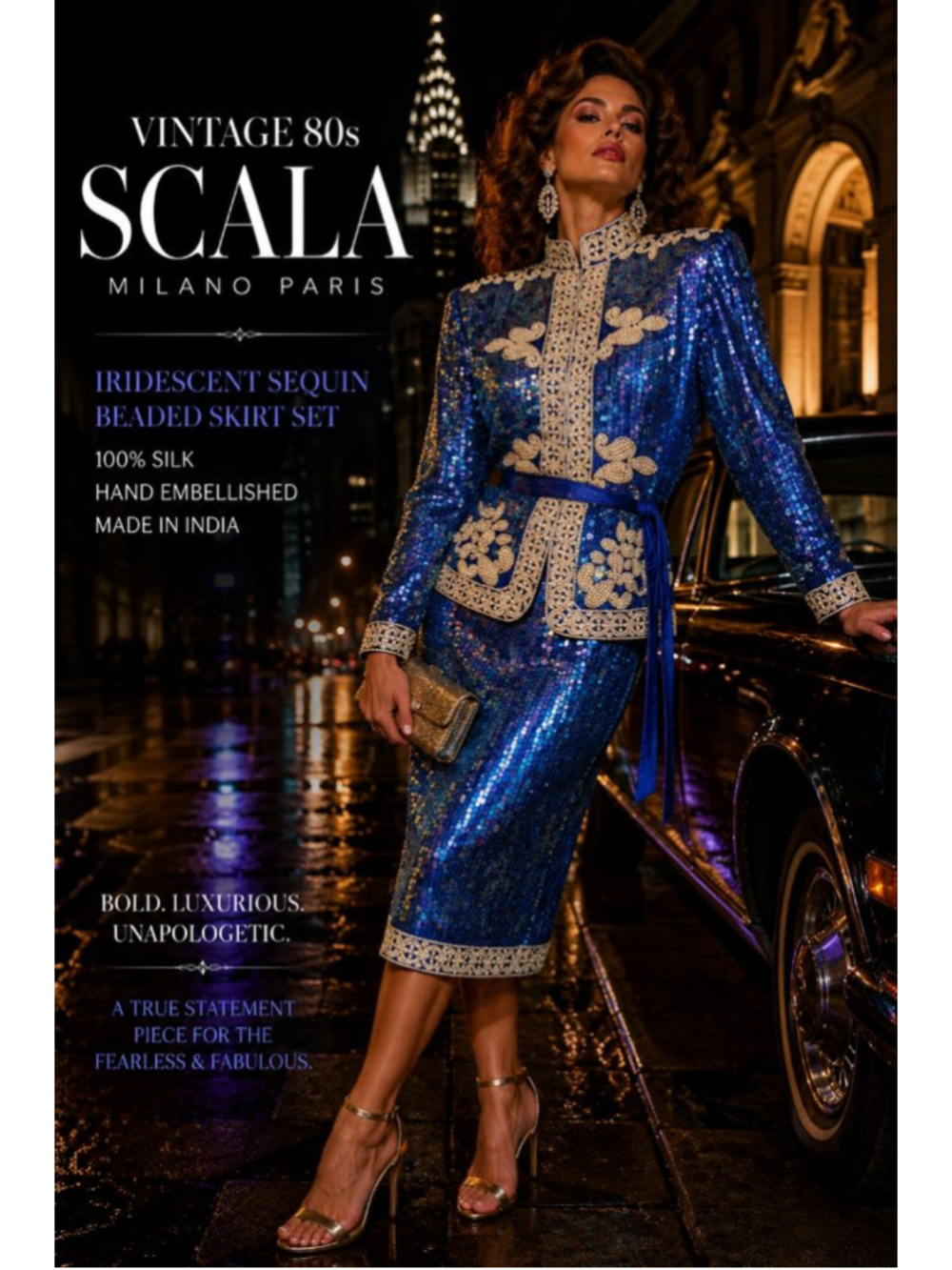 Vintage Scala Blue Iridescent Sequin Beaded Skirt Suit Silk Pearl Evening Set M
